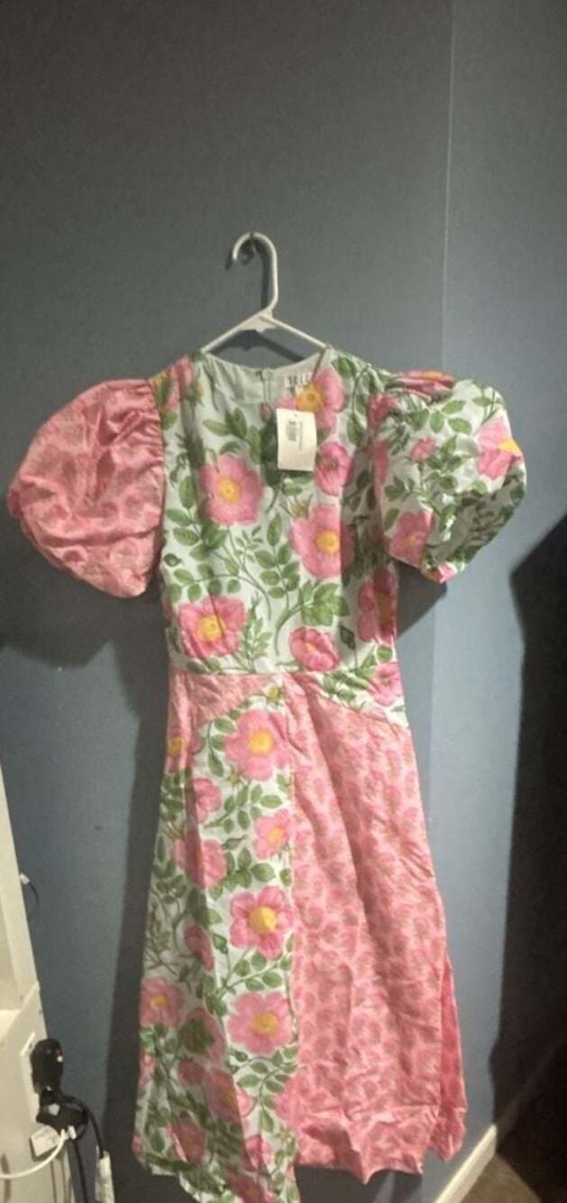 EC Patterned Maxi Dress with Floral Puff Sleeves